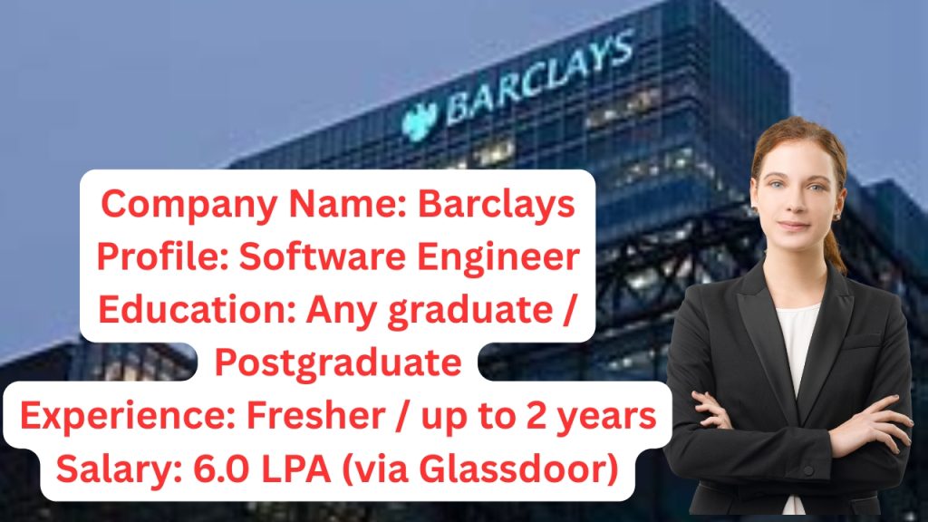Name of the Company: Barclays 
Website URL: www.barclays.com
Educational Qualification: Any graduate / Postgraduate
Job Profile: Software Engineer
Experience: Freshers (0 to 2 years)
Location of the Job: Pune
Location of Interview: Pune
