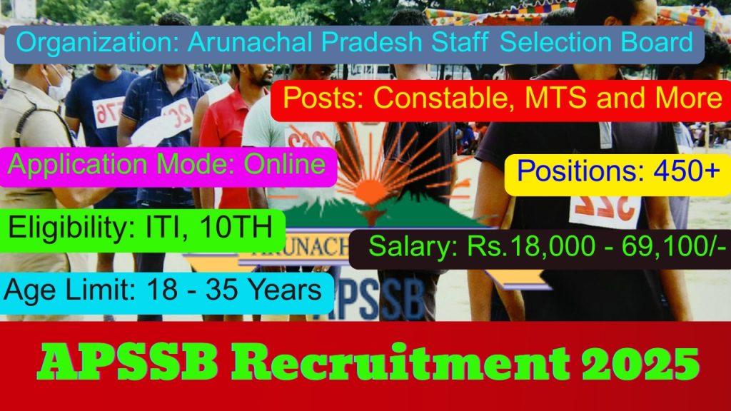 APSSB CSLE Recruitment 2025 Notification Out!
Posts: Constable, MTS and More Vacancy
Organization: Arunachal Pradesh Staff Selection Board (APSSB)
Positions: 450+
Application Mode: Online
Eligibility: ITI, 10TH
Age Limit: 18 - 35 Years
Salary: Rs.18,000 - 69,100/-