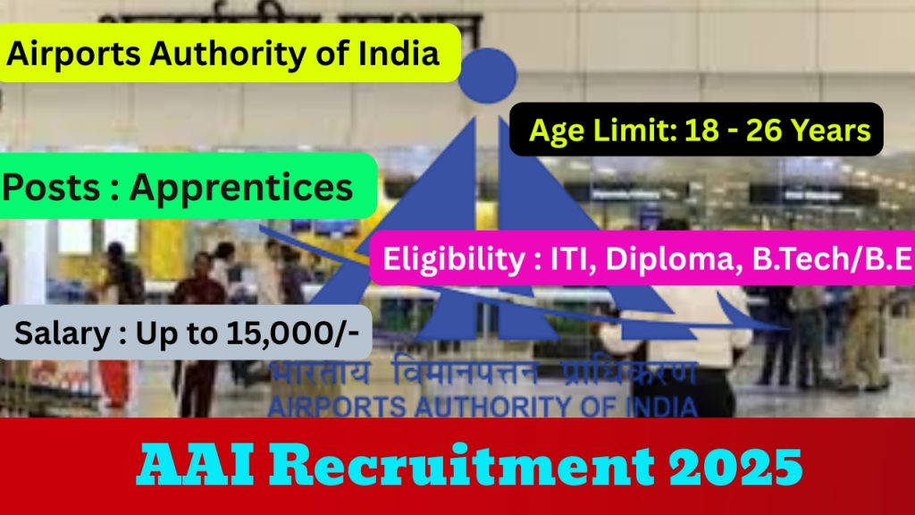 AAI Recruitment 2025 Notification Out!
Posts : Apprentices Vacancy
Organization : Airports Authority of India (AAI)
Positions : 150+
Age Limit: 18 - 26 Years
Application Mode : Online
Salary : Up to 15,000/-
Eligibility : ITI, Diploma, B.Tech/B.E
Fee : No Application Fee