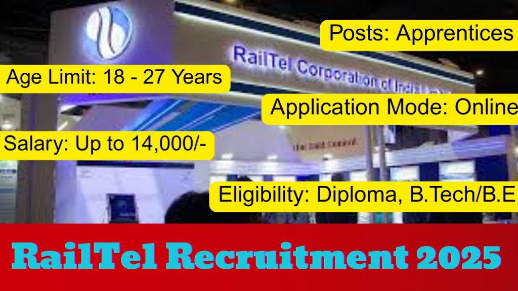 RailTel Recruitment 2025 Notification Out!
Posts: Apprentices Vacancies
Organization: RailTel Corporation of India (RailTel)
Application Mode: Online
Eligibility: Diploma, B.Tech/B.E
Salary: Up to 14,000/-
Age Limit: 18 - 27 Years
