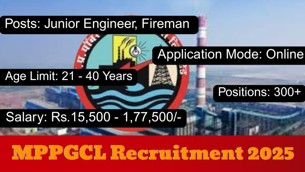 MPPGCL Recruitment 2025 Notification Out!
Posts: Junior Engineer, Fireman and More Vacancy
Organization: Madhya Pradesh Power Generating Company (MPPGCL)
Positions: 300+
Application Mode: Online
Salary: Rs.15,500 - 1,77,500/-
Age Limit: 21 - 40 Years