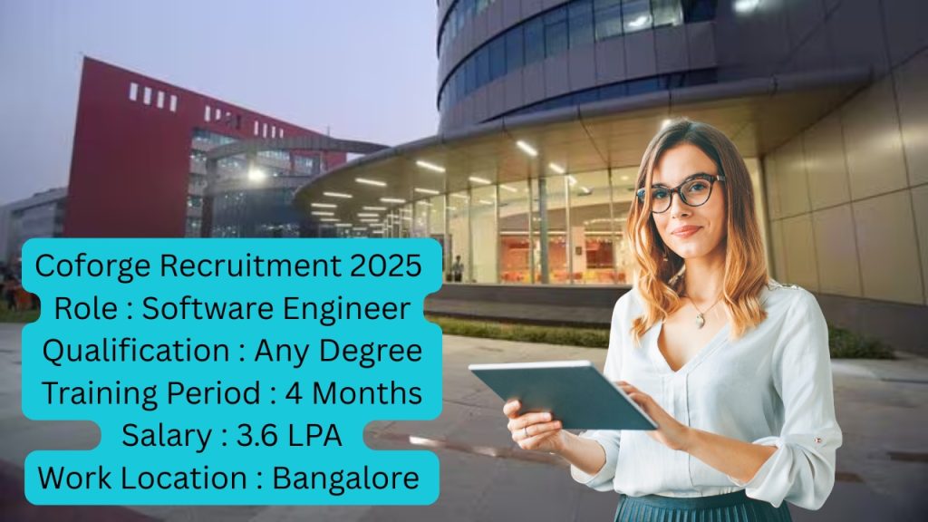 Coforge Recruitment 2025
Role : Software Engineer 
Qualification : Any Degree 
Training Period : 4 Months 
Salary : 3.6 LPA
Work Location : Bangalore 