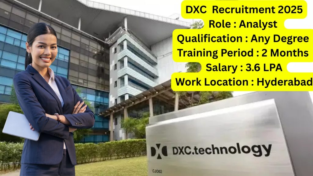 DXC  Recruitment 2025

Role : Analyst 

Qualification : Any Degree 

Training Period : 2 Months 

Salary : 3.6 LPA

Work Location : Hyderabad