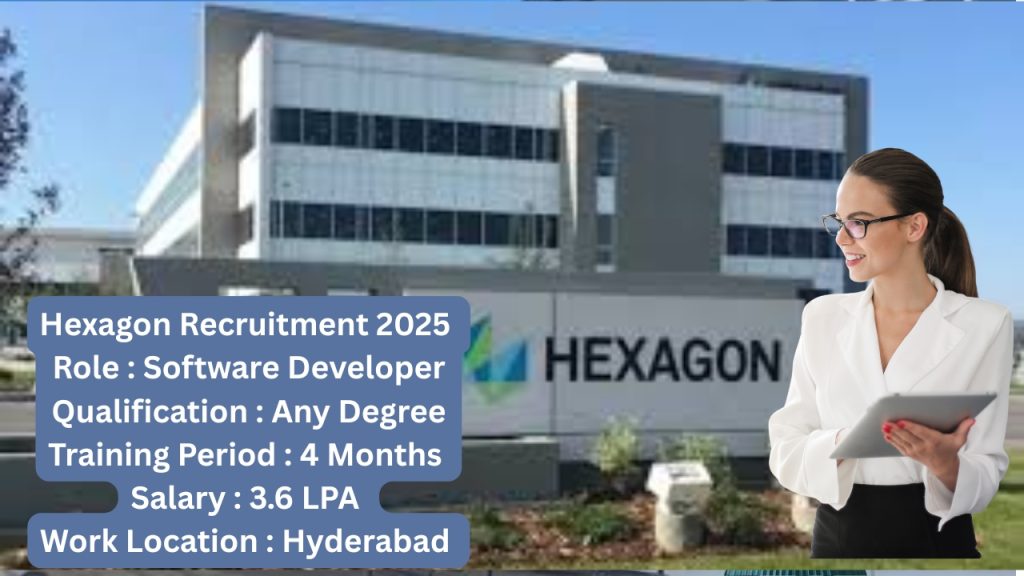 Hexagon Recruitment 2025
Role : Software Developer
Qualification : Any Degree
Training Period : 4 Months
Salary : 3.6 LPA
Work Location : Hyderabad