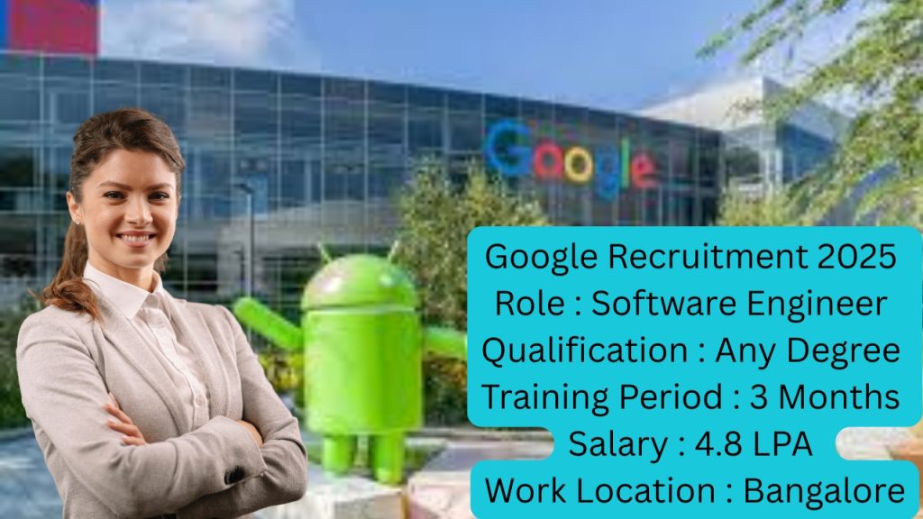 Google Recruitment 2025
Role : Software Engineer
Qualification : Any Degree
Training Period : 3 Months
Salary : 4.8 LPA
Work Location : Bangalore