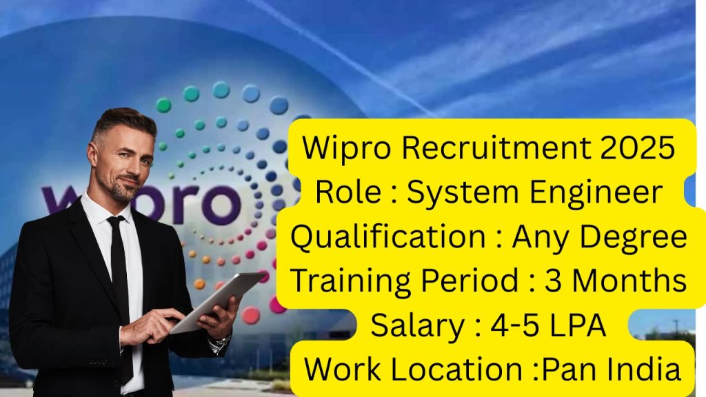 Wipro Recruitment 2025
Role : System Engineer
Qualification : Any Degree
Training Period : 3 Months
Salary : 4-5 LPA
Work Location :Pan India