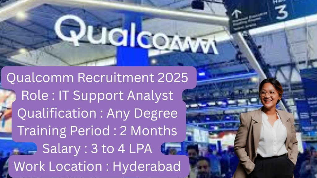 Qualcomm Recruitment 2025
Role : IT Support Analyst
Qualification : Any Degree
Training Period : 2 Months
Salary : 3 to 4 LPA
Work Location : Hyderabad