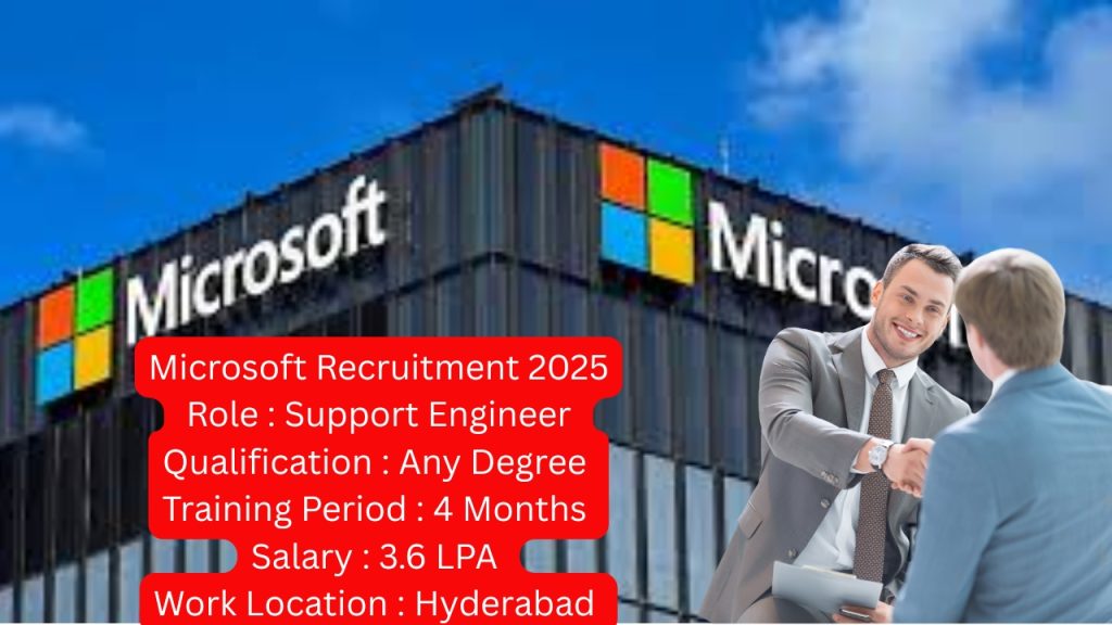 Microsoft Recruitment 2025
Role : Support Engineer
Qualification : Any Degree
Training Period : 4 Months
Salary : 3.6 LPA
Work Location : Hyderabad