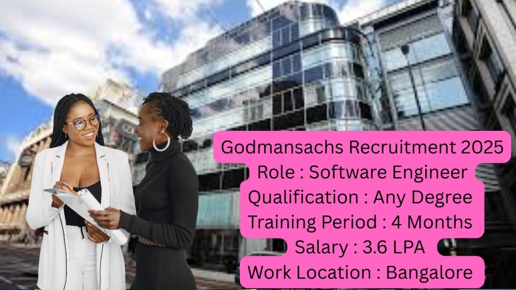 Godmansachs Recruitment 2025
Role : Software Engineer
Qualification : Any Degree
Training Period : 4 Months
Salary : 3.6 LPA
Work Location : Bangalore