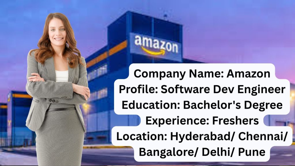Company Name: Amazon
Website: www.amazon.com
Qualification: Bachelor's Degree
Location: Hyderabad/ Chennai/ Bangalore/ Delhi/ Pune
Experience: Fresher (0 Years)
Job Role: Software Dev Engineer
Salary: Not disclosed by HR