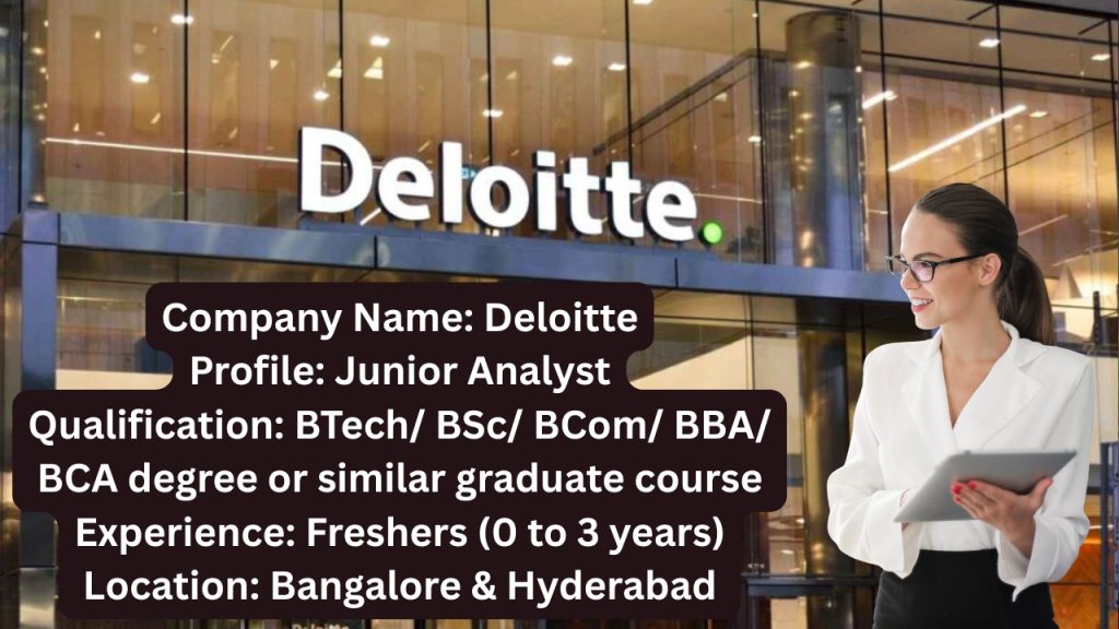 Company Name: Deloitte
Website: www.deloitte.com
Qualification: BTech/ BSc/ BCom/ BBA/ BCA degree or similar graduate course
Location: Bangalore & Hyderabad
Experience: Freshers (0 to 1 Year)
Job Role: Junior Analyst
Salary: Not disclosed by HR