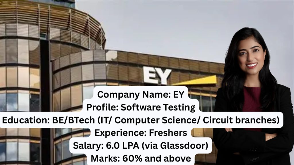 Company Name: EY
Website: www.ey.com
Qualification: BE/BTech (IT/ Computer Science/ Circuit branches)
Location: Chennai
Experience: Fresher (0 Years)
Job Role: Software Testing
Salary: Best in industry