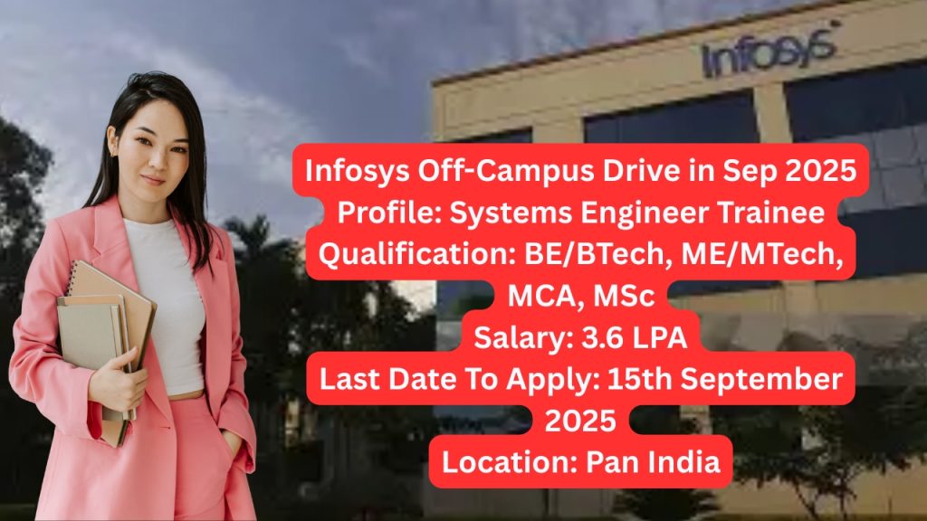 Company Name: Infosys
Website: www.infosys.com
Qualification: BE/BTech, ME/MTech, MCA, MSc
Location: Pan India
Experience: Freshers (0 to 5 Years)
Job Role: Systems Engineer Trainee
Salary: 3.6 LPA