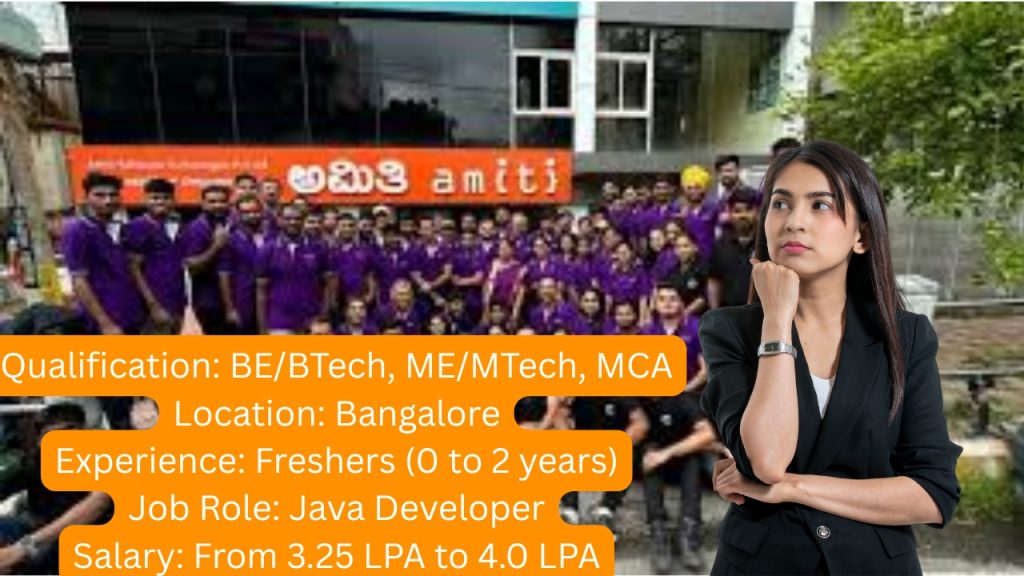 Company Name: Amiti Software Technologies Private Limited
Website: www.amiti.in
Qualification: BE/BTech, ME/MTech, MCA
Location: Bangalore
Experience: Freshers (0 to 2 years)
Job Role: Java Developer
Salary: From 3.25 LPA to 4.0 LPA