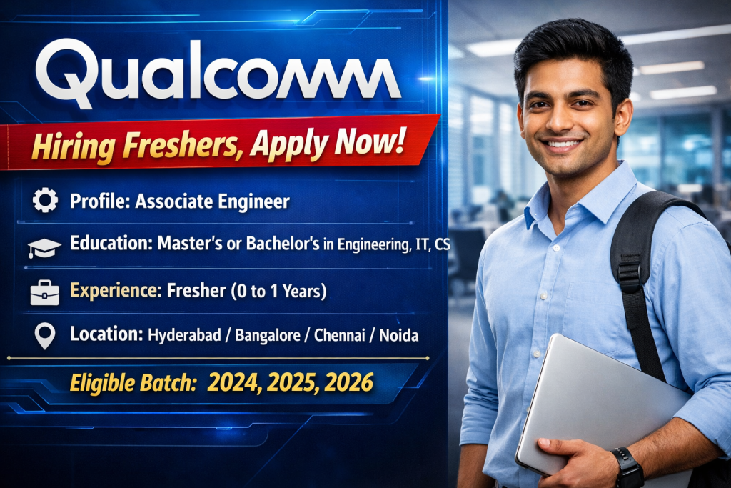 Qualcomm Hiring Freshers, Apply Now!!
Profile: Associate Engineer
Education: Master's or Bachelor's degree in Engineering, IT, CS, or related field
Experience: Fresher (0 to 1 Years)
Location: Hyderabad / Bangalore / Chennai / Noida
Eligible Batch: 2024, 2025, 2026