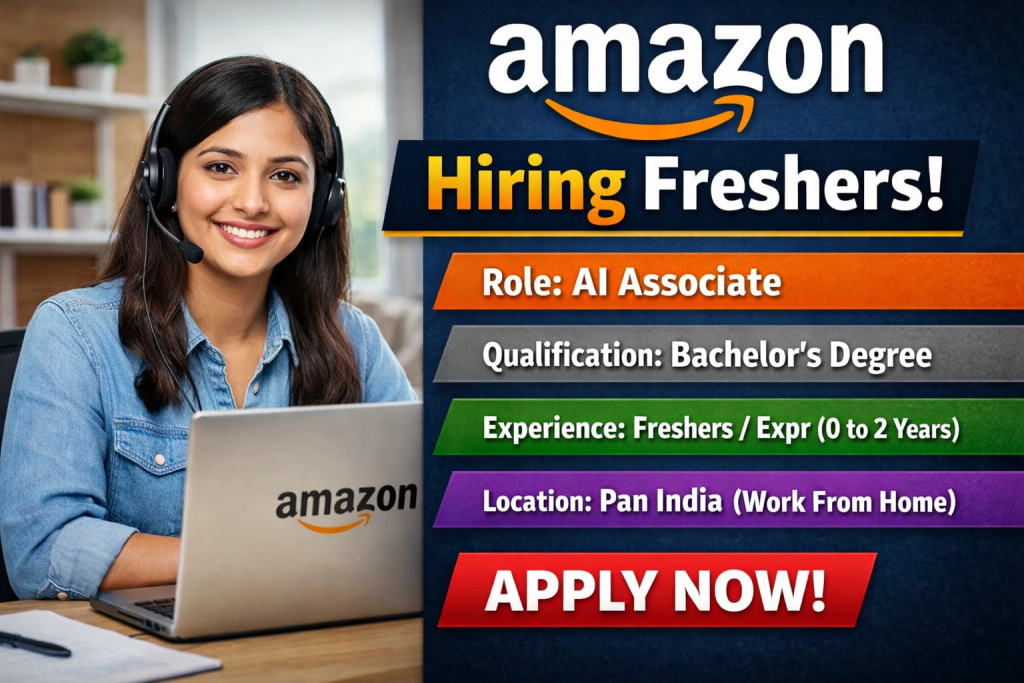 Company Name: Amazon 
Website: www.amazon.comPan India recruitment
Qualification: Bachelor's degree
Location: Pan India (Work From Home)
Experience: Fresher (0 to 2 Years) 
Job Role: AI Associate
Salary: Best In Industry
