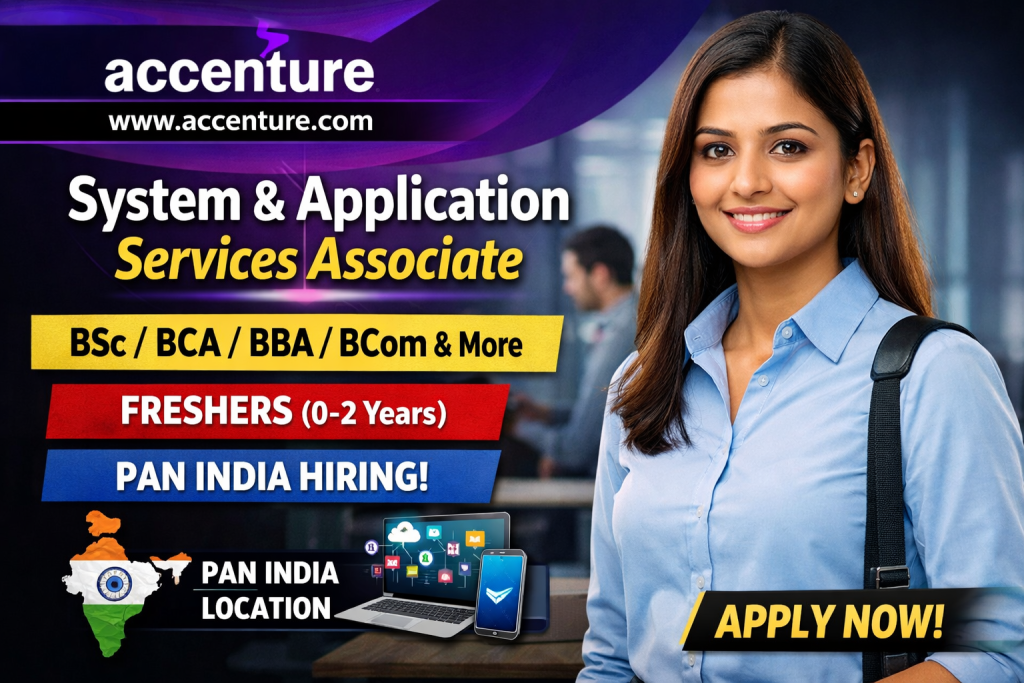 Name of the Company: Accenture
Website URL: www.accenture.com
Educational Qualification: BSc, BCA, BBA, BA, BCom, BBA, BVoc, BMS, MCM, MSc, MA, MCom, MFA
Job Profile: System and Application Services Associate
Experience: Freshers (0 to 2 Years)
Location of the Job: Pan India